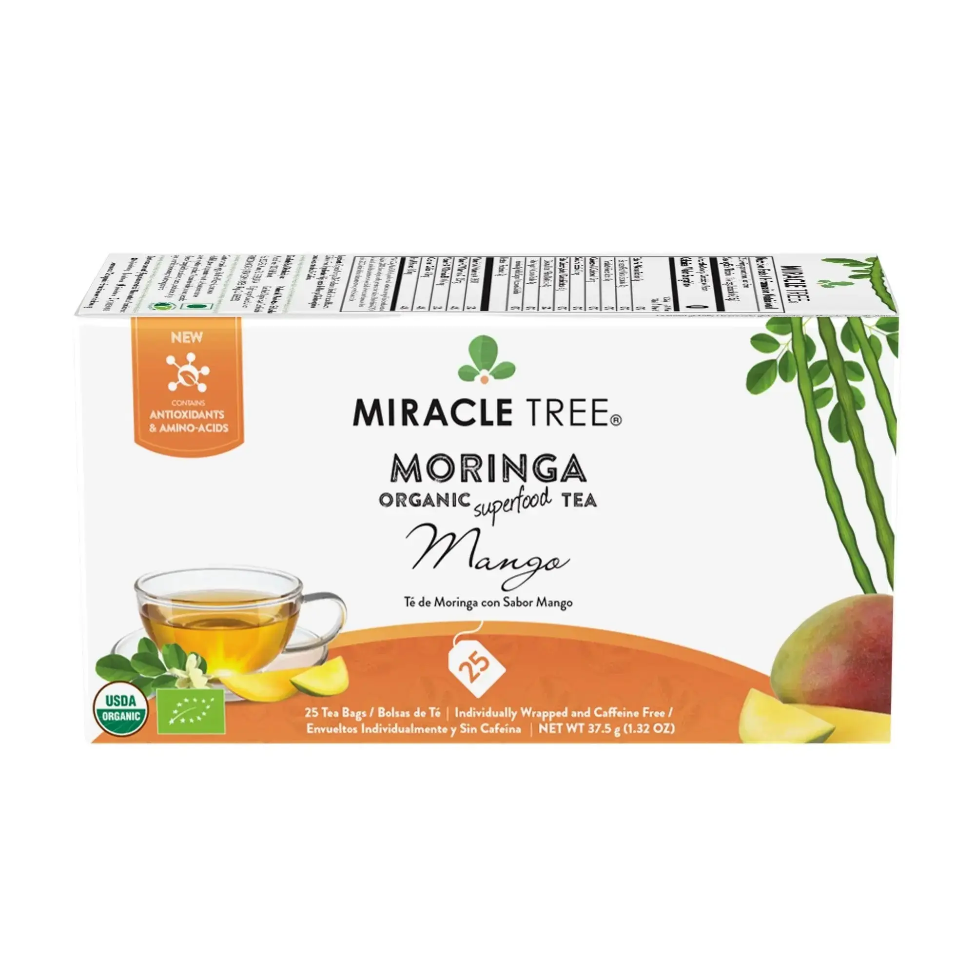 Miracle Tree Organic Moringa Tea Mango Caffeine-Free Herbal Tea - USDA Certified Juicy Tropical Blend Smooth Refreshing Taste