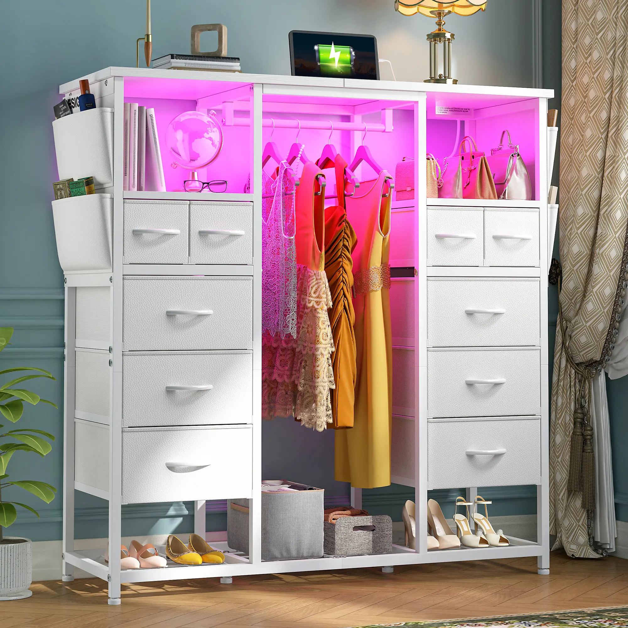RaybeeFurniture 10 Fabric Drawers Dresser for Bedroom, with Hanging Rack & Clothes Rack Side Pockets,  Home Storage Organizer with LED Lights & Charging Station, Wooden Top, Bedroom, Closet, 15.8"D x 47.3"W x 51.2"H