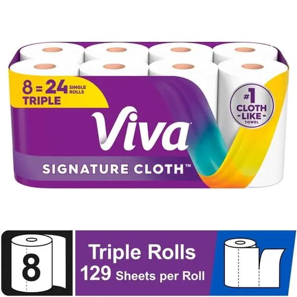 Viva Signature 2-Ply Unscented Cloth-Like Sustainable Paper Towels & Hand Wipes, 8 Triple Rolls (129 Sheets/Roll) - Durable, Soft, Super Absorbent, Skin-Friendly, Customizable Half Sheet/Pick-A-Size, All-Purpose for Kitchen, Bathroom