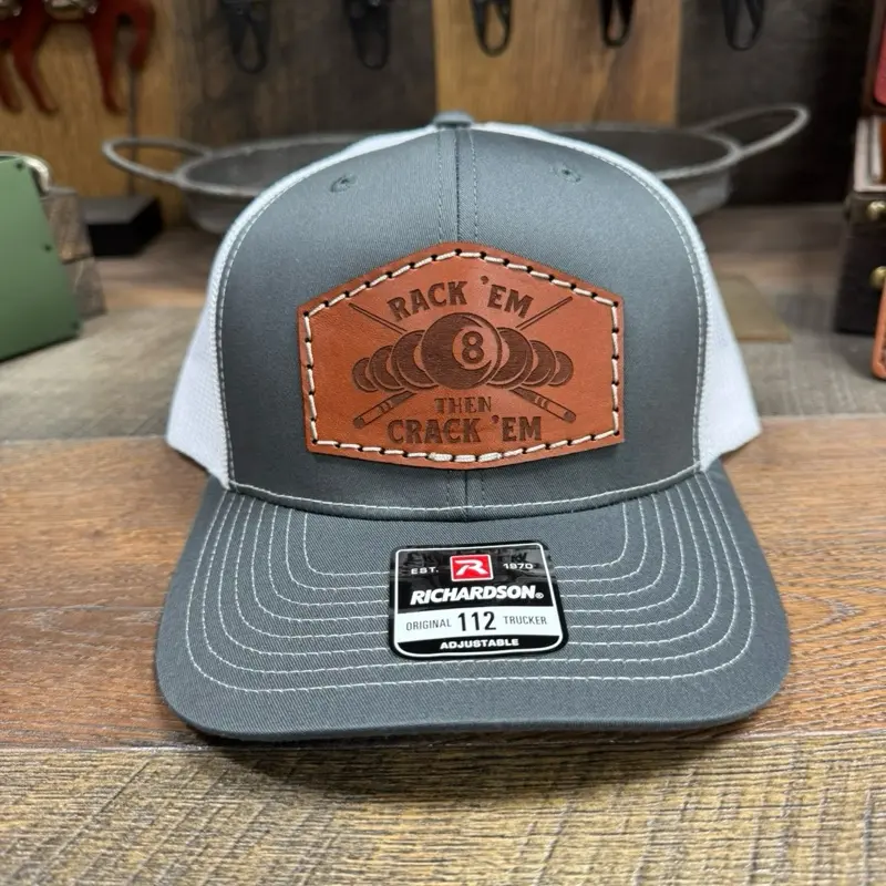 Billiards Hat, 8 Ball, 9 Ball, Rack Em, Pool Stick, Pool Cue, Pool Rack, Snooker, Pool Table, Leather Patch Hat, Gift, His Her, Dad Hat