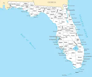 Map of Florida FL - County Map with selected Cities and Towns - Peel and Stick Wall Decal