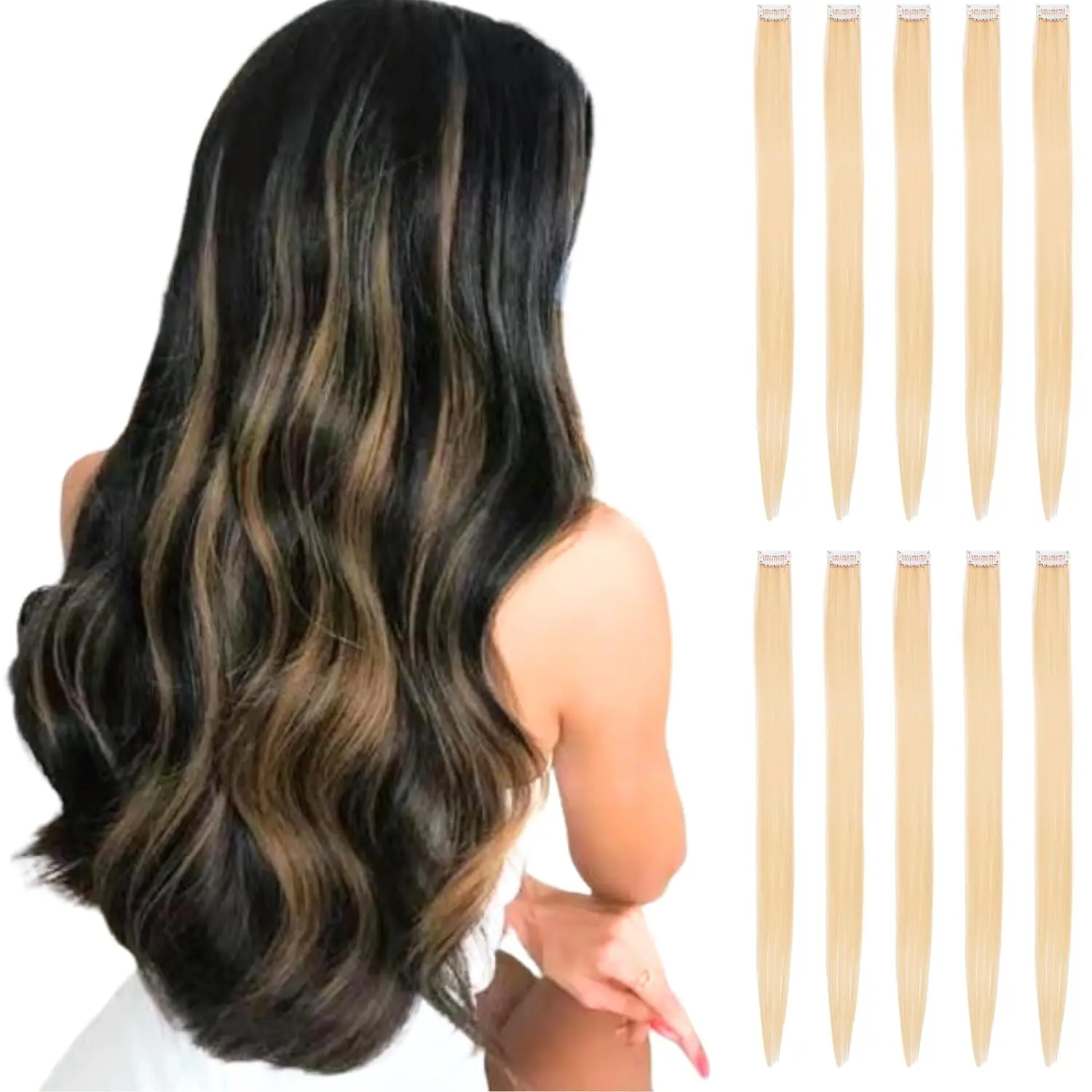 Blonde Hair Extensions Clip - 10 Count 22 Inch Long Straight Colored Streak Synthetic Hairpiece Clip for Girls - Play Party Highlights