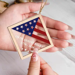 USA 250th Anniversary Wooden Ornament – 2 Layer Patriotic American Flag Hanging Decor Christmas Tree Gift for Home Celebration