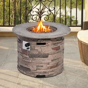 HOMPUS Outdoor Propane Fire Pit Table,32-inch Imitation Stone Round Concrete Propane Fire Pit with Lava Rocks and Rain Cover 40000 BTU Gas Smokeless