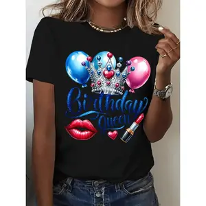 Women's Birthday Queen Graphic Print T-Shirt - Vibrant Yellow Short Sleeve Crew Neck Casual Top with Balloons, Lips & Crown Design, Machine Washable All-Season Comfort Fit, Birthday Shirts, Festive Occasion Wear, Playful Design Te