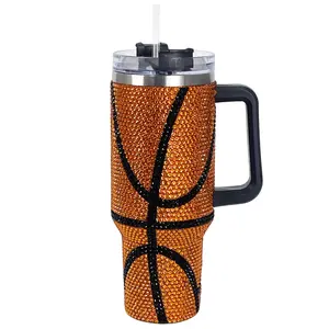 Cupcupmore 40 oz Basketball Bling Rhinestone Stainless Steel Sippy Tumbler Glitter Vacuum Insulated Thermal Water Bottle with Straw & Lid &Handle,Sparkle Car Cup Holder,Keeps Cold 12 Hours Drinks,Coffee