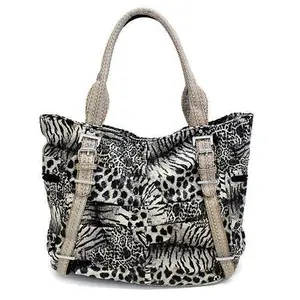 Multi Animal Print Leopard Zebra Giraffe Faux Leather Tote Handbag Bag Beige