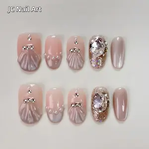 JC Reusable Acrylic Press On Nails Kit Set - E113 Diamond Cat Eye Pink Short Round Detachable Fake Nails, Customizable Minimalist Kit with Almond Wreath for Christmas Girls, Nail Kit Acrylic Set