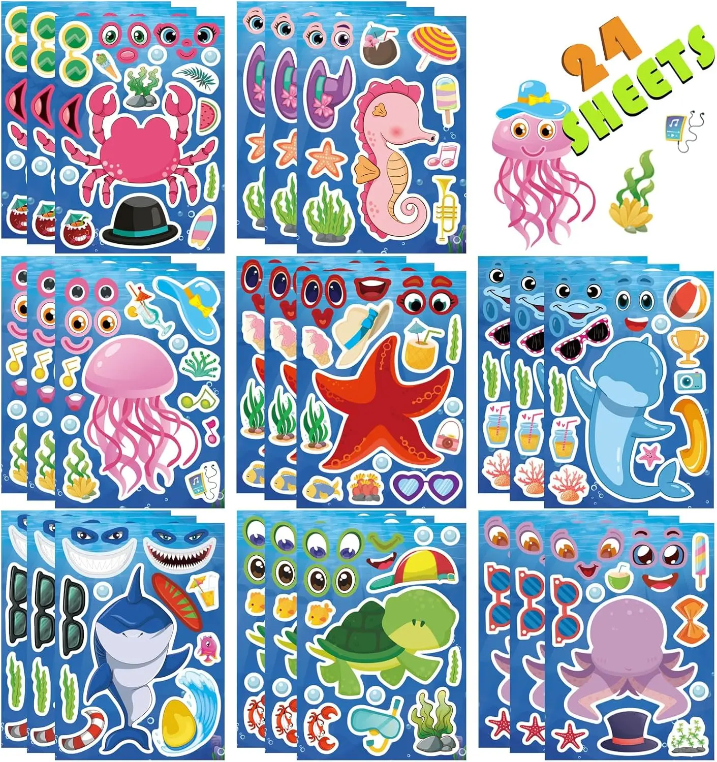 24 Sheets Ocean Stickers for Kids, Make Your Own Sea Animal Mix and Match Sticker Sheets, Make a Face Stickers for Kids Activities Supplies Crafts
