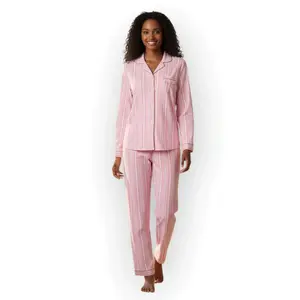 PJ Pant Set Pink Loungewear Pajama Nightwear Women's Comfortable Button Down Top with Pink Stripe Design Soft Cozy Fit Perfect for Women's Sleepwear & Homewear Pyjamas Comfy Cute Fabric Overall Elegant Casual Long Sleeve Minimalist Basic Womenswear