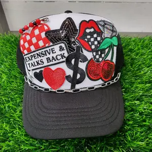 Expensive and talks back foam snapback trucker hat in red and black. funny