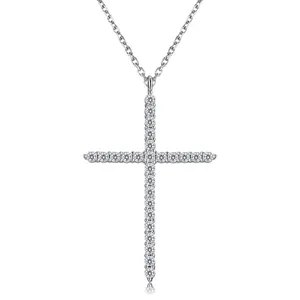 Moissanite Cross Necklace for Women, 925 Sterling Silver Diamond Crucifix Pendant, 14K White Gold Plated Iced Out Jesus Christian Jewelry, Birthday Wedding Christmas Gift (17+2.5” Adjustable Chain, with Box)