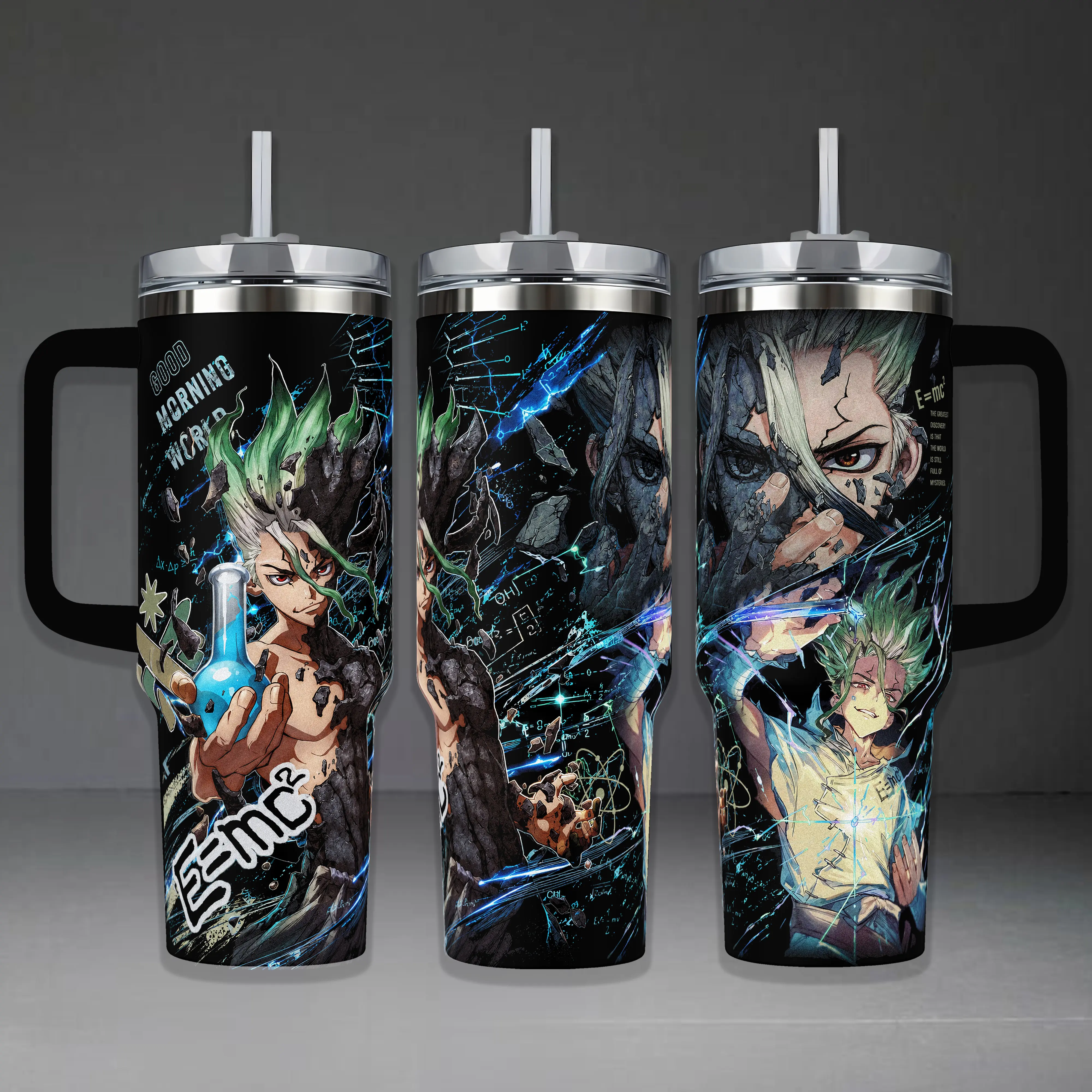 Dr. Stone Senku Ishigami Insulated Drinkware Set - 40oz Tumbler with Handle, 20oz Portable Travel Mug with Lid, Science Graphics (Good Morning World, E=mc²), Anime Fan Gift, Insulated Flasks & Bottles, Insulation, Coffee