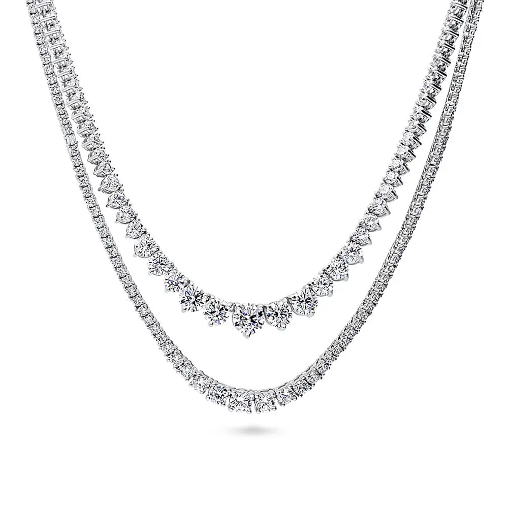 BERRICLE Sterling Silver Graduated Statement Layered Tennis Necklace for Women, Round Cut Cubic Zirconia CZ, 2-Piece Set