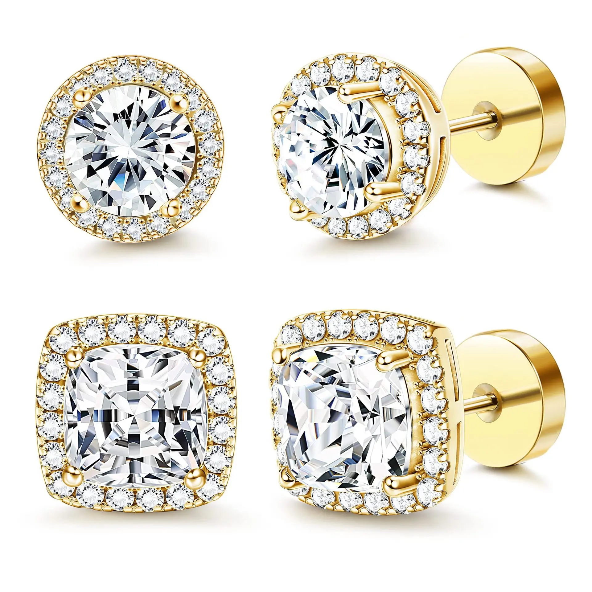Luxury Halo Zircon Stud Earrings 4-Pack for Men Women Large Big Cubic Zirconia Stud Earrings Mens Earrings Flatback Earrings, Comfortable Daily Wear, Versatile Fashion Accessories for Women & Adults, Jewelry Box Included, Birthday Gifts for GF
