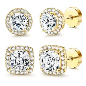 Luxury Halo Zircon Stud Earrings 4-Pack for Men Women Large Big Cubic Zirconia Stud Earrings Mens Earrings Flatback Earrings, Comfortable Daily Wear, Versatile Fashion Accessories for Women & Adults, Jewelry Box Included, Birthday Gifts for GF