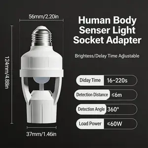 Motion Sensor E27 Light Socket Converter, Adjustable Delay Time Switch, Color Temperature Control, Base, Home Use Bulb Adapter