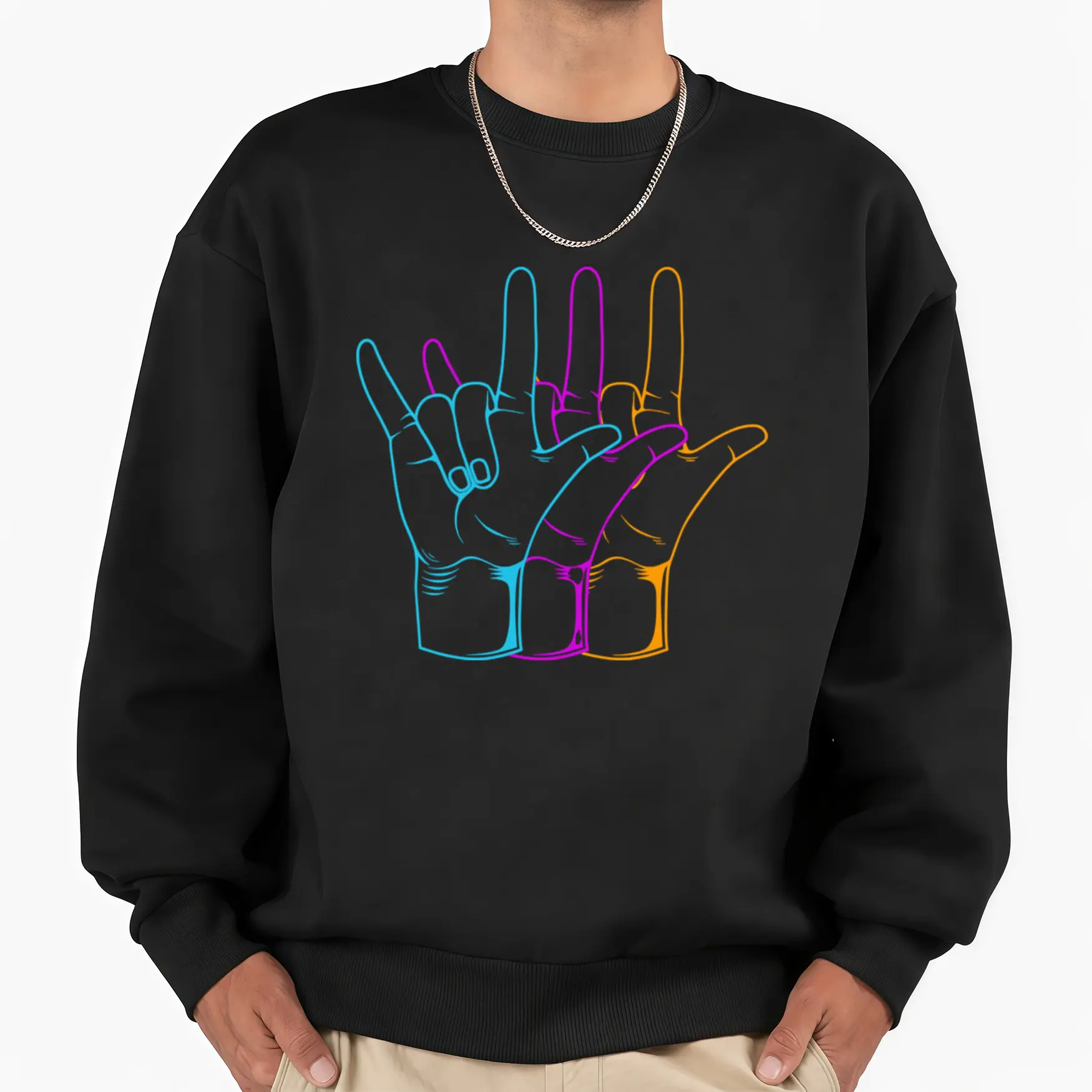 Cozy Long Sleeve Sweatshirt with Neon Pink & Blue 'I Love You' Hand Gesture Design – Soft, Breathable Fabric Perfect for Casual Wear or Thoughtful Gifts