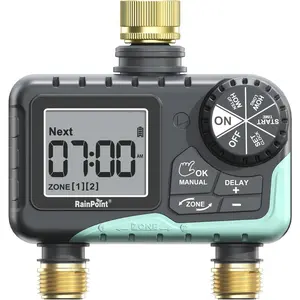RAINPOINT 2 Zone Sprinkler Timer with Brass Inlet and Outlet - Water Timer for Garden Hose with Rain Delay/Manual Watering/Automatic Irrigation Controller System - Water Hose Timer for Yard Lawn
