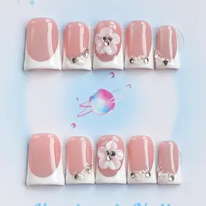 Nailssbysheccid, 10pcs press-on nails, Rhinestone nails, Duckbill, 100% handmade, Y2K style, combined with French style, 3D, suitable for family dinners, dates, weddings, comes with jelly glue, crystal sticks and twisting rods