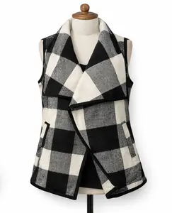 Women's Plaid Open Front Long Vest - Stylish Checkered Design for Casual Wear
