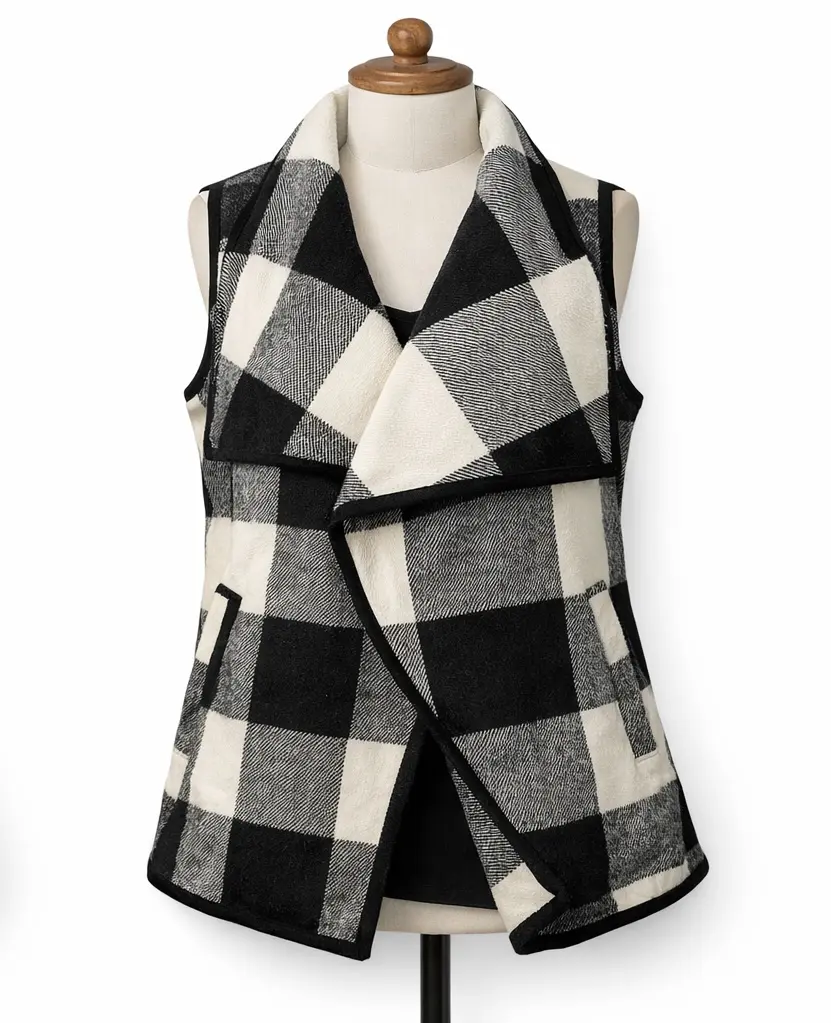 Women's Plaid Open Front Long Vest - Stylish Checkered Design for Casual Wear