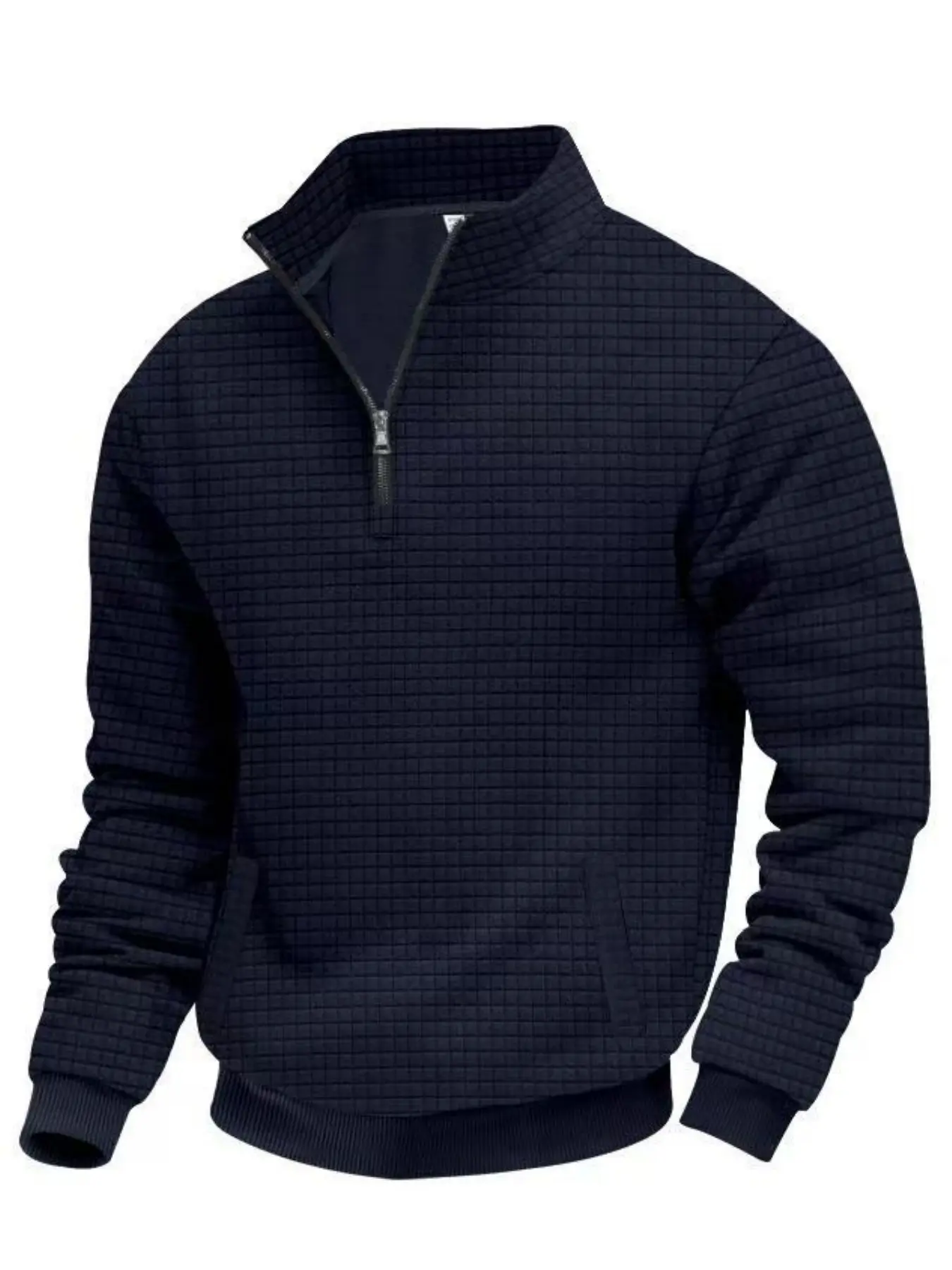 Men's solid color waffle texture quarter zipper long-sleeved semi-high collar stand-up collar long-sleeved sweatshirt hoodie - stand-up collar casual Half Zip Collared Pullover with pockets, warm and soft fabric, suitable for daily and outdoor wear