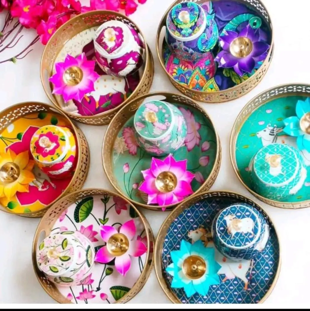 Diwali Gifts Hamper - 8" Tray & Metal Dryfruit Jar Set with Matching Diya for Festive Celebrations