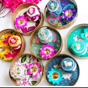 Diwali Gifts Hamper - 8" Tray & Metal Dryfruit Jar Set with Matching Diya for Festive Celebrations