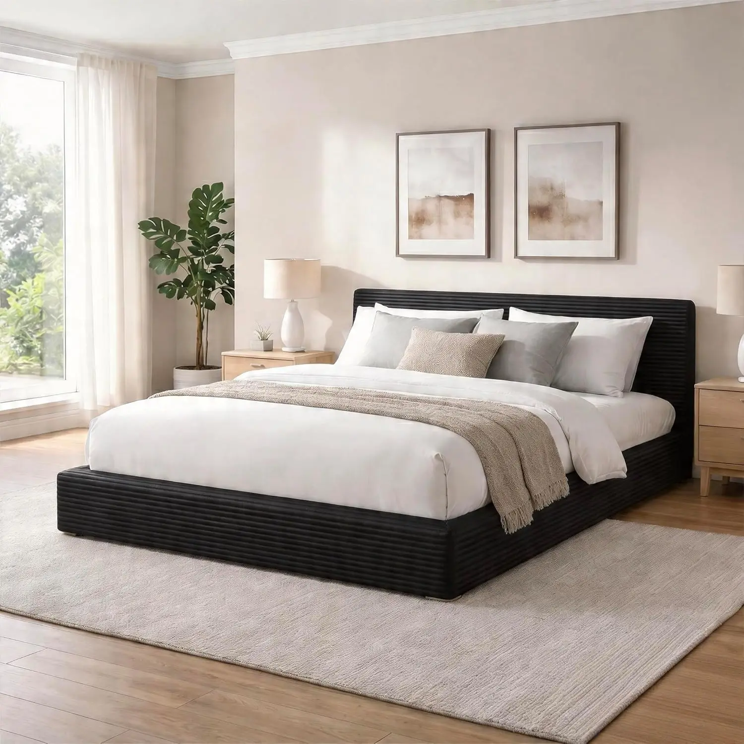 Modern Corduroy Upholstered Platform Bed Frame, Fluffy Cloud Soft Padded Headboard Bed Frame, Tool-Free Easy Assembly, No Box Spring Needed