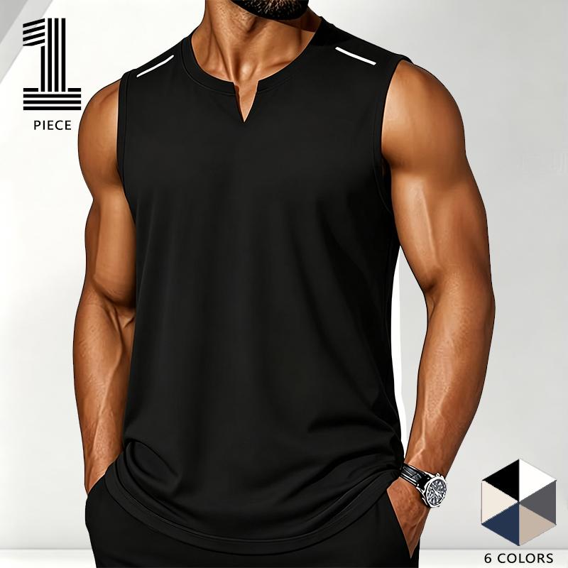 Popular European and American muscle fitness apparel: a small V-neck sleeveless sports T-shirt for men, quick-dry fitness tank top with high elasticity and reflective shoulder stripes; wearing it alone highlights muscle lines, and layering doesn’t add bul