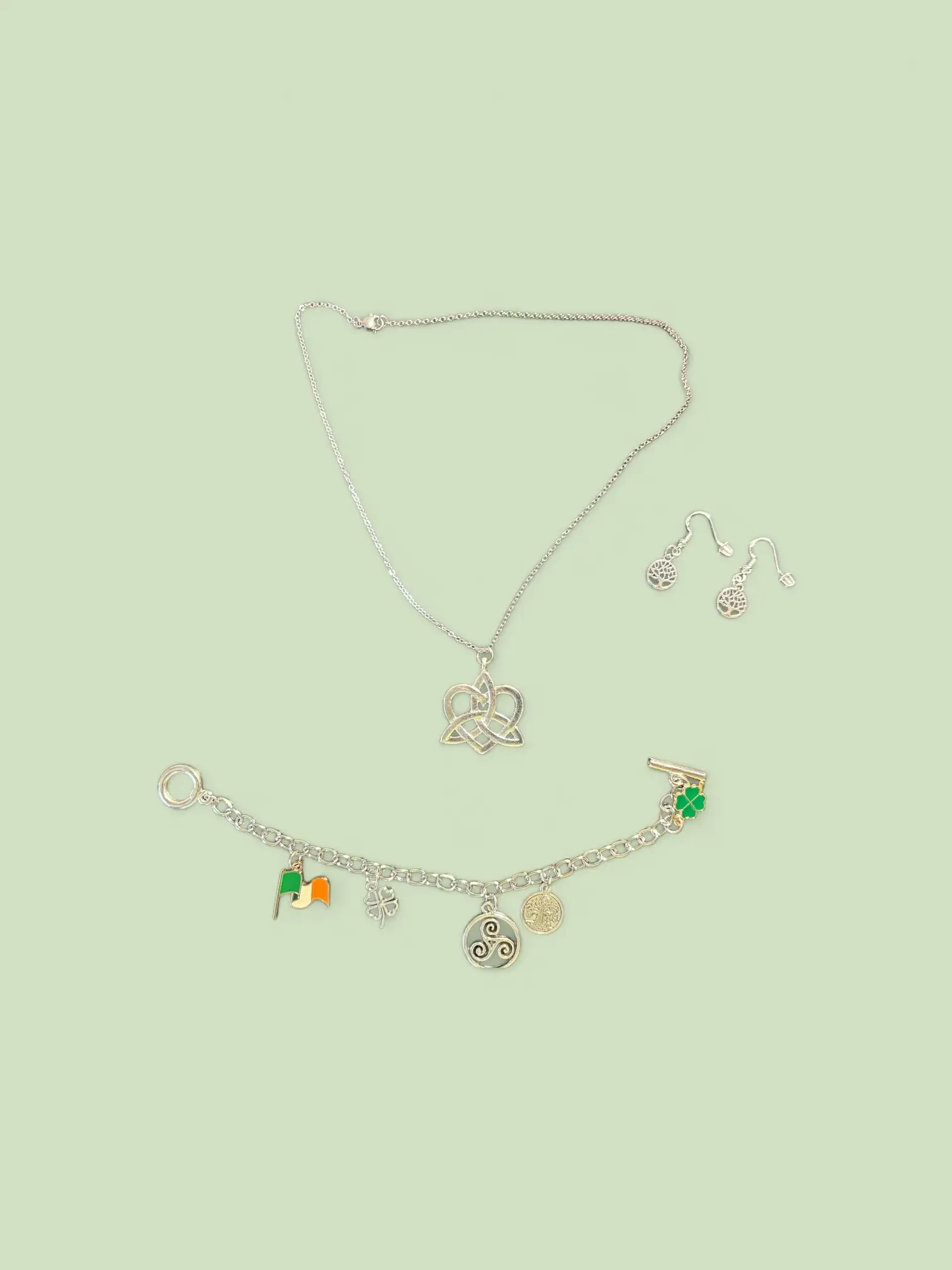 Irish-Inspired Jewelry Bundle - Celtic Sisters 18" Necklace with Celtic Sisters Charm, Tree of Life Earrings, and an Irish-Themed Charm Bracelet