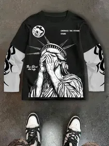 Unisex Rebel Style New York Statue of Liberty Two-Piece T-Shirt, Soft Graphic Print Tee, Casual Loose Fit for All Seasons