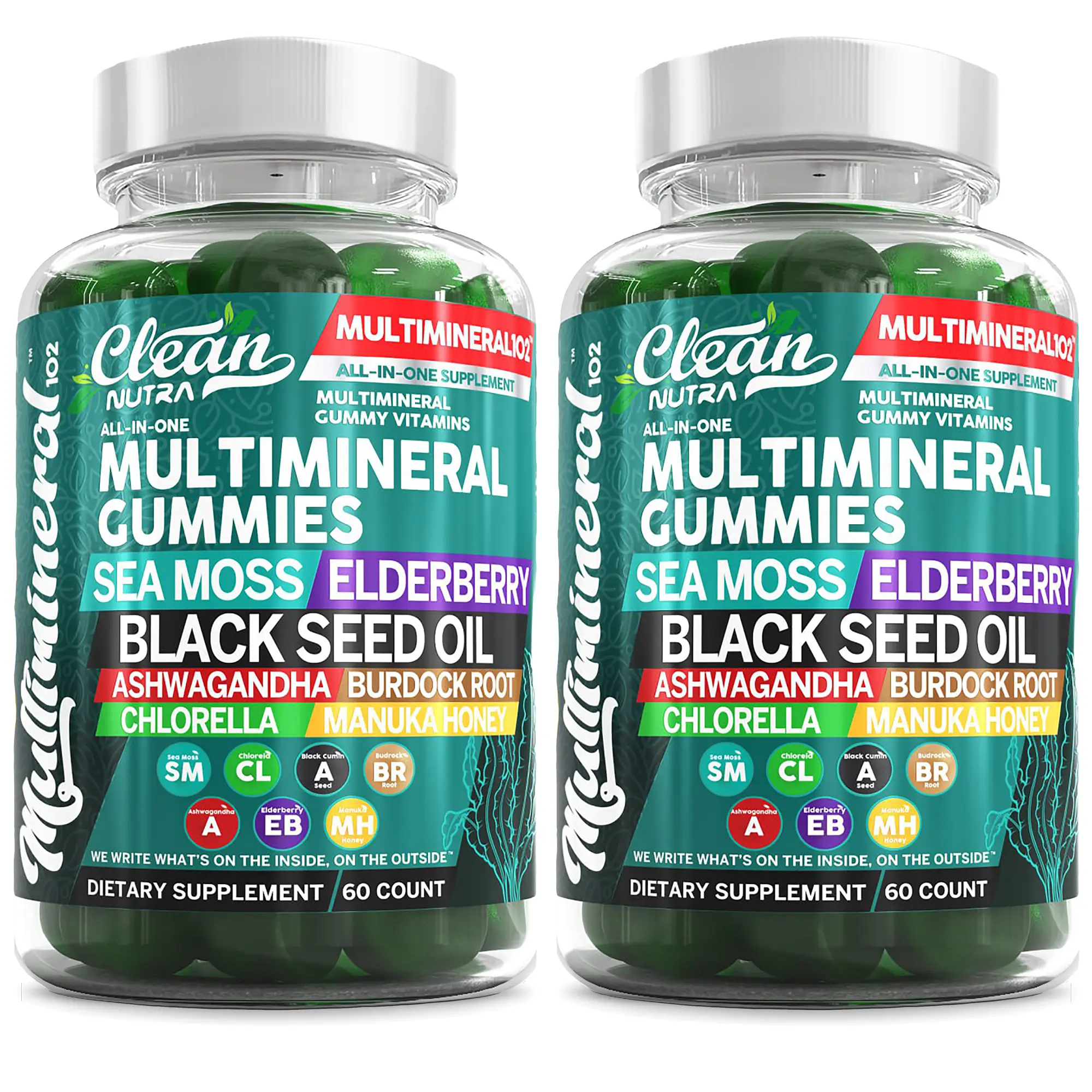2Pack Sea Moss Gummies Multimineral Ashwagandha Black Seed Oil Gummy Vitamins Green Apple Flavor