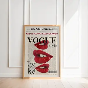 Fashion Magazine Art, Modern Glam Decor, Vogue Lips Art Print, Luxury Fashion Print, Red Lips print, red lips newspaper, red lips vogue