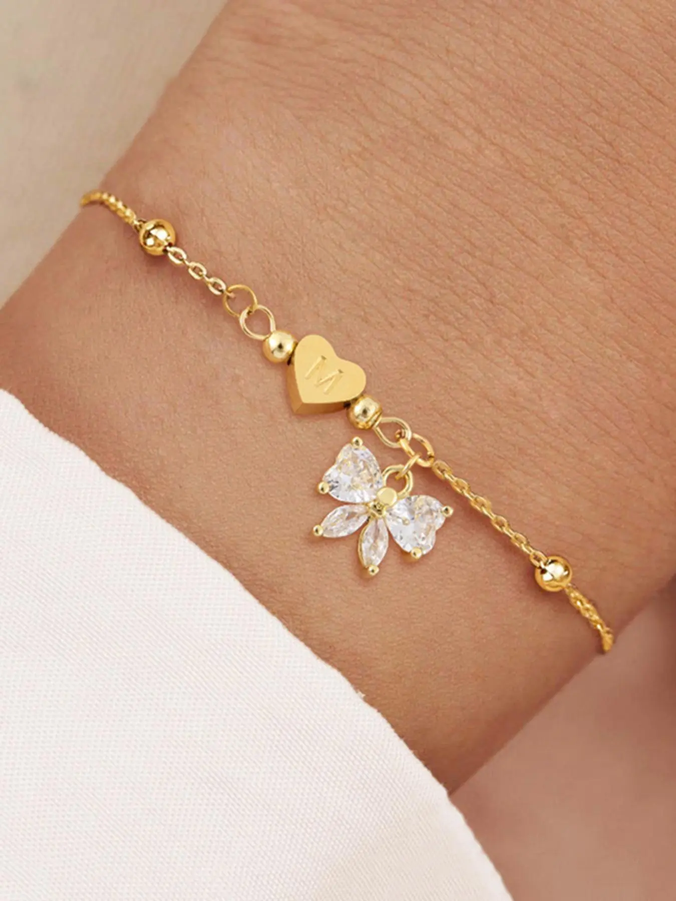 Heart Initial Artificial Crystal Bowknot Design Bracelet, Elegant Stainless Steel Bead Chain Bracelet for Women, Dainty Crystal Bracelet, Fashion Accessories for Daily Wear