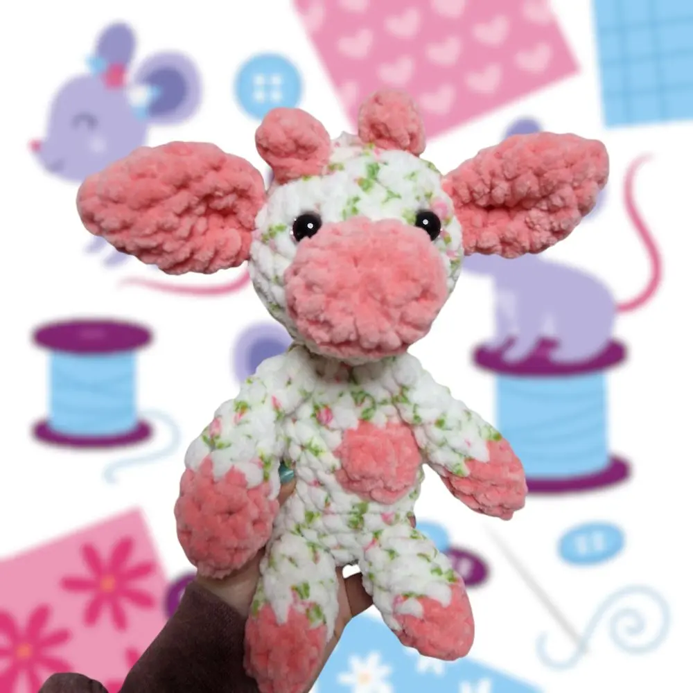 Pink and white floral handmade plushie cow crochet amigurumi