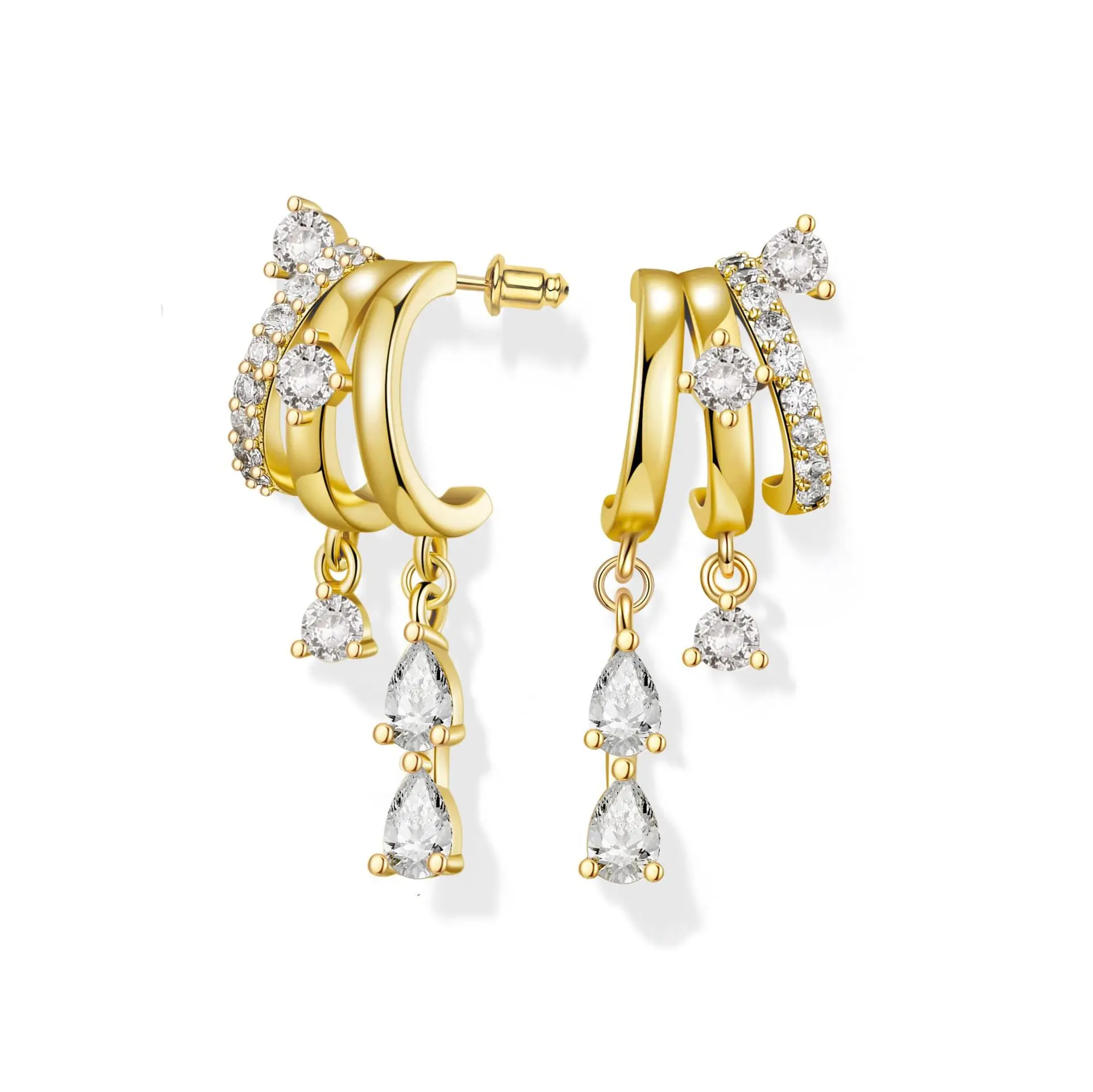 Women's 3 Huggie Stacked Earrings, 14K Gold Plated Chain Drop Dangle Earrings, Cute CZ Statement Dainty Jewelry Gift