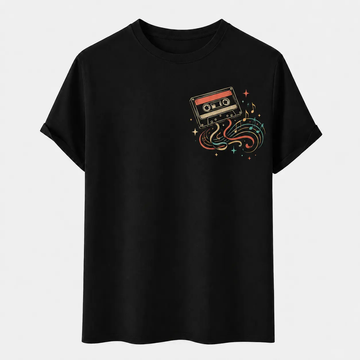 Men's Vintage Cassette Tape, Color Music Notes, Retro Chest Print Unisex Casual Streetwear Classic Musical Short-Sleeve T-Shirt, Top