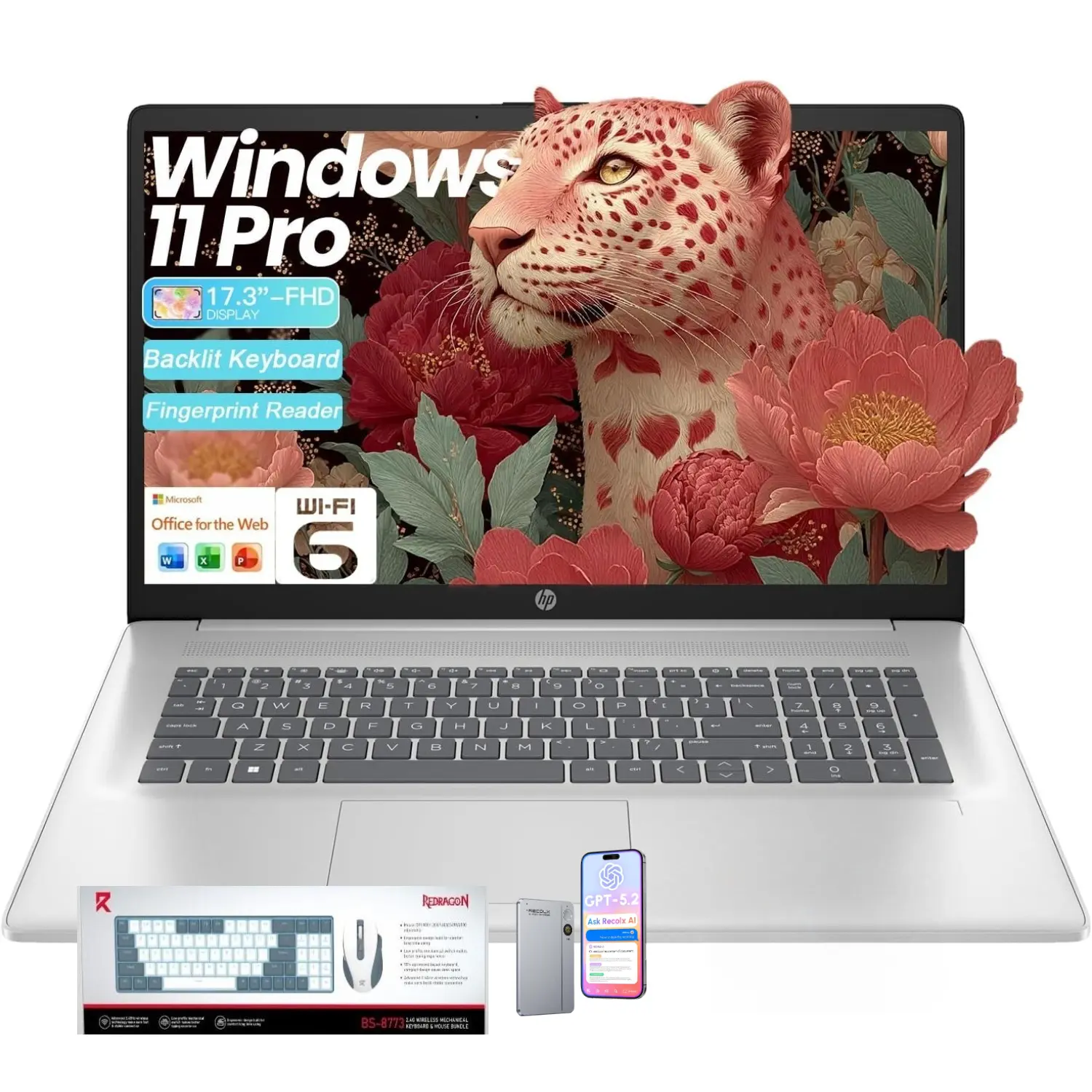 HP 13th Gen Essential Business FHD Laptop - 17.3" FHD Display, Intel Core i5-1334U CPU, Up to 32GB RAM, 512GB SSD, Wi-Fi 6, Webcam, Backlit Keyboard, Batteries, Video Conferencing, Windows 11 Pro, Silver, Bundle Accessory