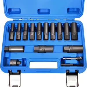 16pcs 3/8" Deep Well Bolt Extractor Set, Spark Plug Removal Extraction Socket Tool, Socket Kit, Extractor Set for Damaged, Frozen, Rusted, Rounded-Off Bolts, Studs, Nuts & Screws, Cr-Mo Steel