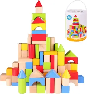Pidoko Kids Wooden Blocks - 100 Pcs with Shape Sorter Lid Storage Container
