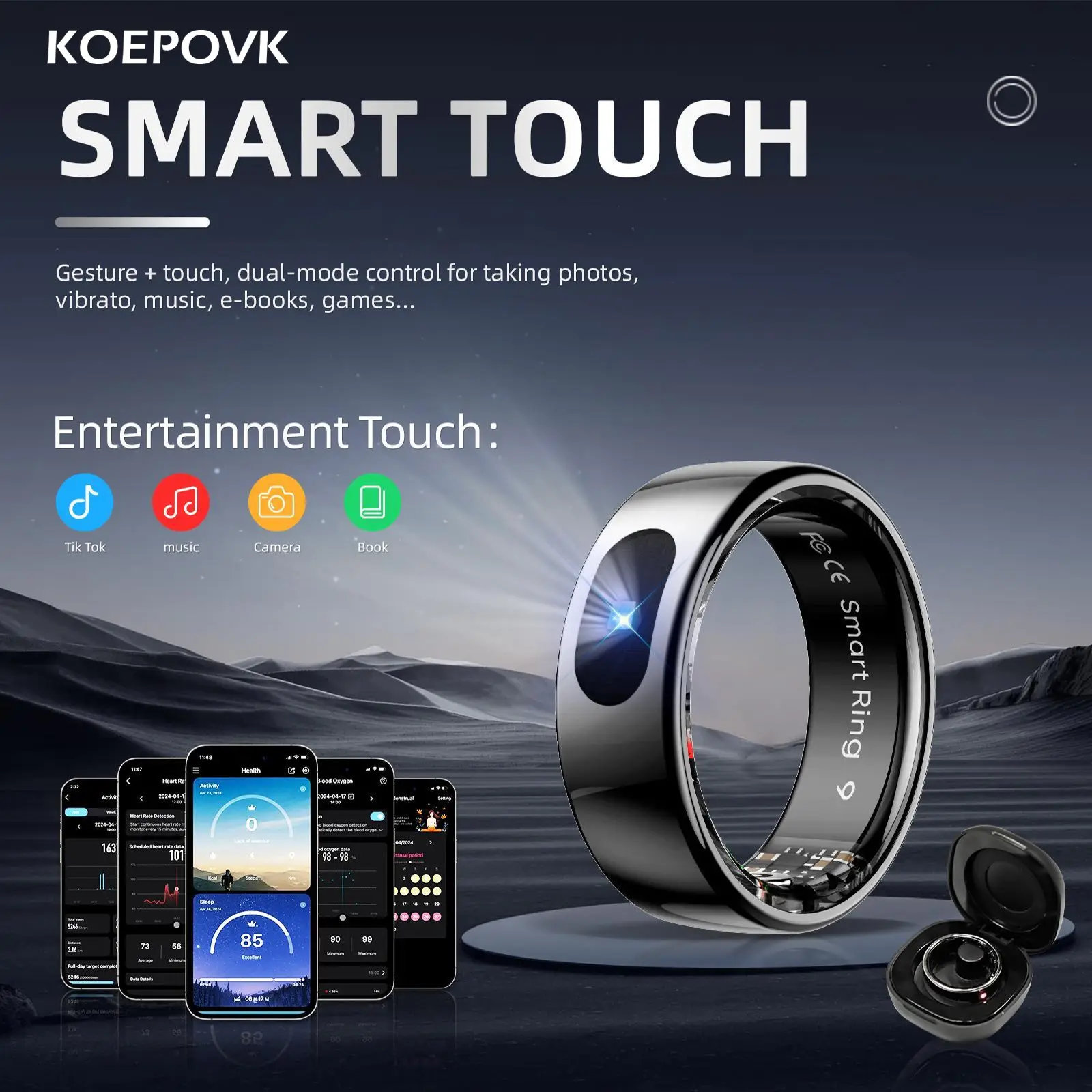 KOEPOVK Smart Ring - 24/7 health monitoring (heart rate, sleep and temperature) - Touch functions: music control, short video control, likes, compatib