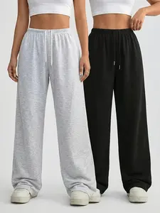 Women's Casual Wide Leg Pants Set, Elastic Waistband, Loose Fit Mid-Stretch Fabric, Spring Summer Fall Leisure Wear