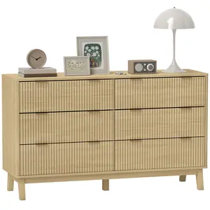 HOMCOM Fluted Dresser for Bedroom with 6 Drawers, 54" Wide Chest of Drawers with Gold Finger Pulls and 5 Wood Legs, Natural Wood