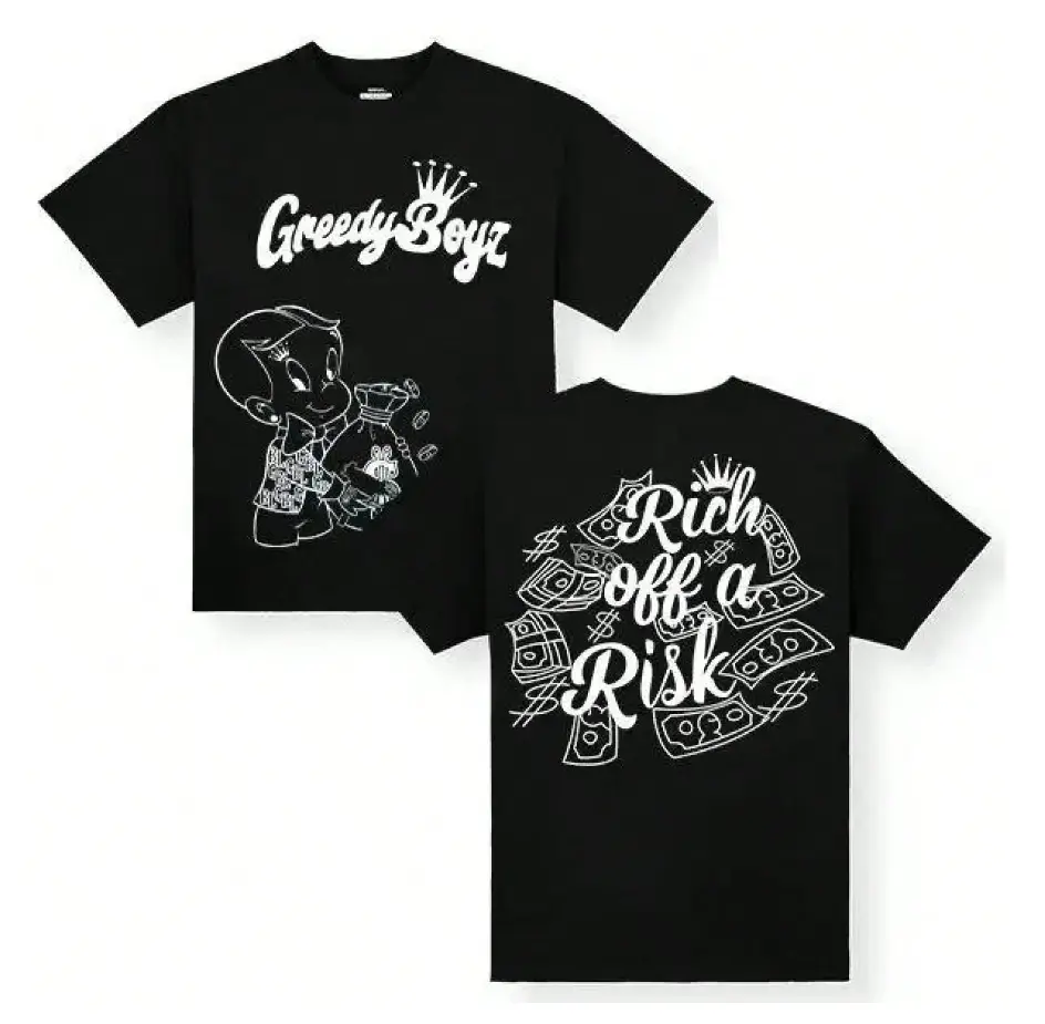 New 2026 Summer GreedyBoyz T-Shirt – Casual, Unisex, Pure Cotton Short-Sleeve Tee Featuring "Rich Off A Risk" Graphic – Machine Washable – Suitable for All Seasons – Classic Style