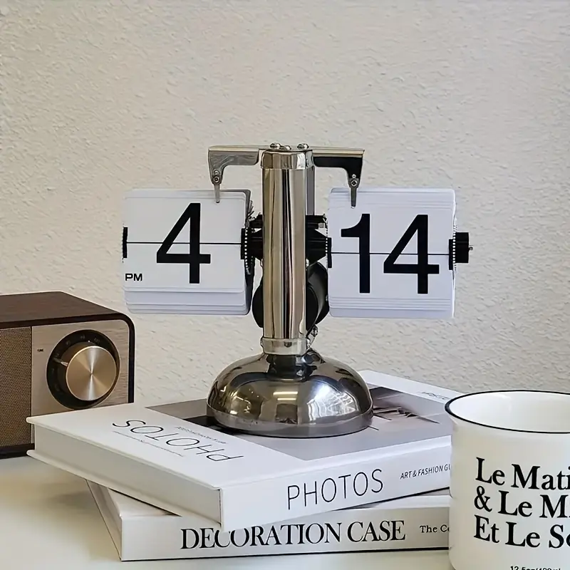 Vintage Stainless Steel Automatic Flip Page Clock - Clocteck Automatic Flip Page Clock for Home and Office Decor - Retro Table Quartz Clock White