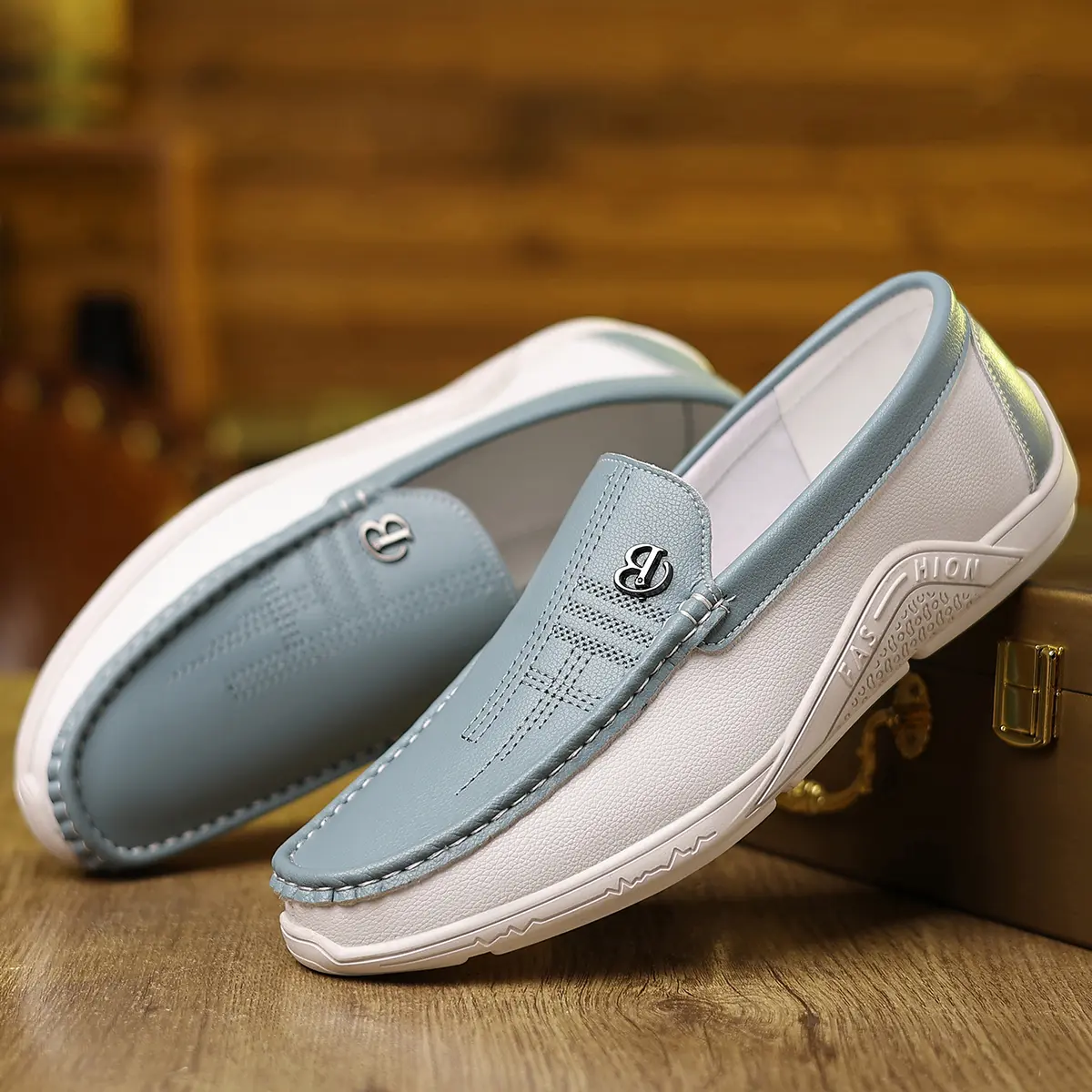 Men's Blue & White Slip-On Loafers with Buckle Details, Casual Driving Men's Shoes for Smart-Casual Office & Commuting, Buckle Details Loafers