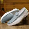 Men's Blue & White Metal Buckle Slip-On Loafers - Soft, Round Toe, Flat, Minimalist, Flexible All-Seasons Shoes with Ankle Support, PU Upper, Rubber Sole, Smart-Casual Office Commuting Footwear