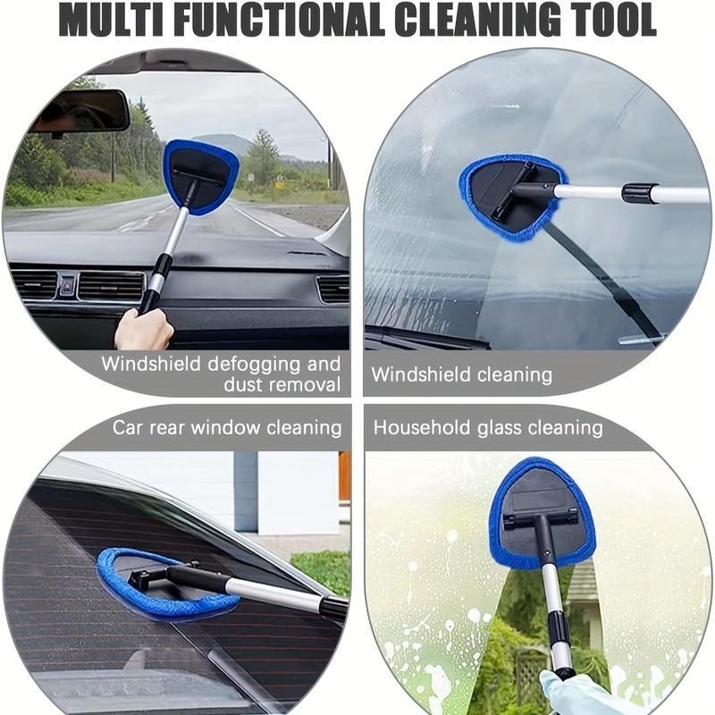 Windshield Cleaner Tool, Microfiber Car Window Cleaning Tool with Extendable Handle & 3 Cloth Pad Head, Auto Interior Exterior Glass Wiper Car Glass Cleaner Kit,car cleaning kit,car detailing products